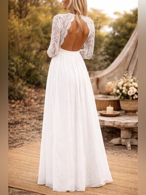 MANIJU WHITE LACE LONG SLEEVE MAXI DRESS BOHO WEDDING BRIDAL 💕